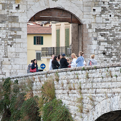 Interior design students on a walking tour in Prato.