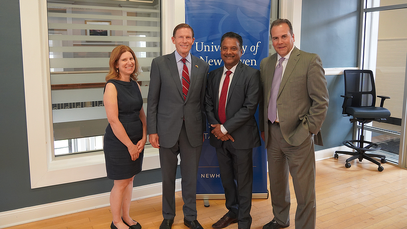 Dr. Nancy Savage, Sen. Richard Blumenthal, Dr. Ronald Harichandran, and Dr. Sheahon Zenger