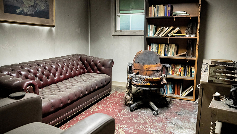 A burn room staged to look like the scene of a college party where a fire broke out.