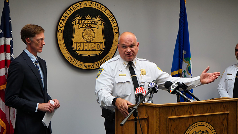 Karl Jacobson ’22 M.S. speaks at a press conference.