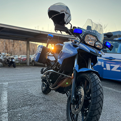 A police motorcycle outside the station.