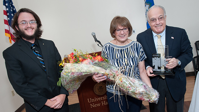 Image of Michael Capasso '20 (left) with Sam Bergami '85 EMBA, '02 Hon. and Lois Bergami.