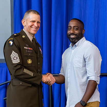 Pedro Gonzalez ’25 with Sergeant Major of the Army Michael A. Grinston at the University’s 2022 Veterans Day ceremony.