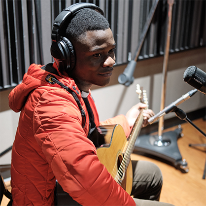 Berry Mtemba in University of New Haven recording studio