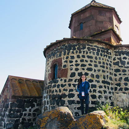 Olena Lennon, Ph.D., outside Hayravank Monastery, built in the 9th century.