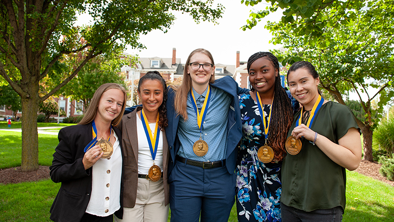 Left to right: Sophie Eskenas ’24, Gabriela Garcia-Perez ’24, Anna Schleck ’23, Kiana White ’24, and Briana Hojo ’23.