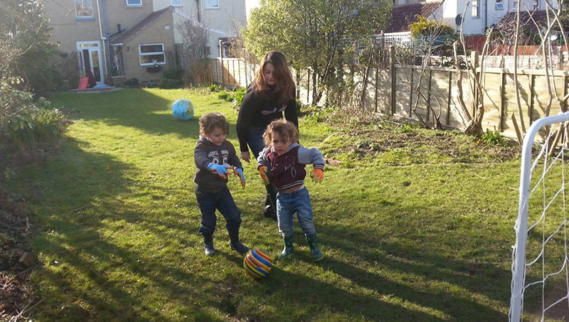 Valentina Seffer, Ph.D., plays soccer with her nephews in Bristol, UK.