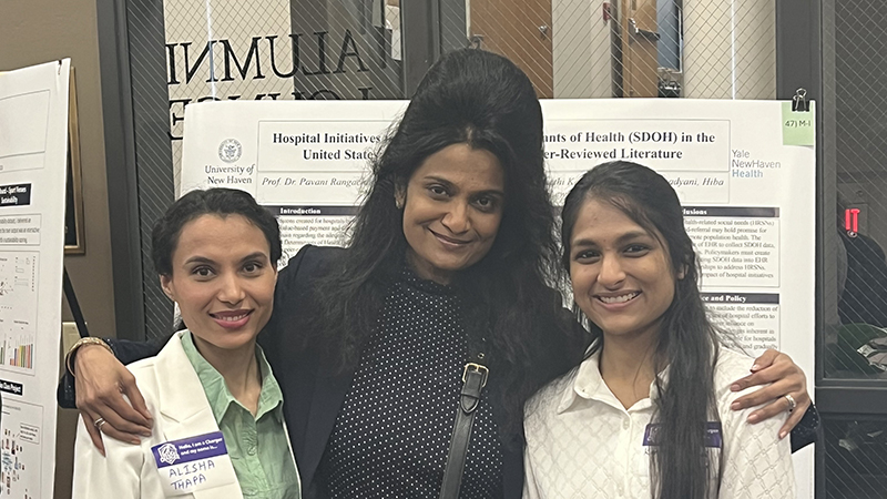 Alisha Thapa ’24 MPH, Pavani Rangachari, Ph.D., CPH, and Keerthi Katukuri ’24 MHA (left to right).