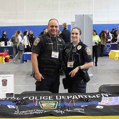 Mark Kichar ’11 and Samantha Kiss ’19 represented the Bristol Police Department at the University’s Criminal Justice Career Fair.