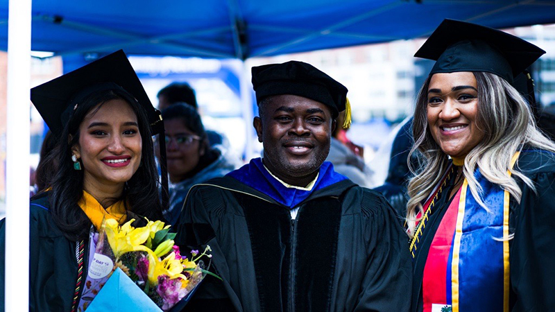 Left to right: Rishika Giri ’24 M.S., Dr. Kagya Amoako, and Martine Bernadel ’24 M.S.