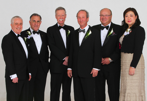 (From left to right) Distinguished Alumni Awardee Dr. Marc Benhuri '69 , Distinguished Alumni  Awardee Michael Quiello '74, Chairman of the UNH Board of Governors Phil Bartels, UNH  President Steven H. Kaplan, President’s Award Recipient Charles Pompea '71, '90 EMBA,  and Distinguished Alumni Awardee Alice Gao '94 MBA.