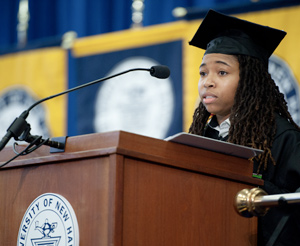 Mackenzie Upshaw ’19 M.S. speaking during Winter Commencement